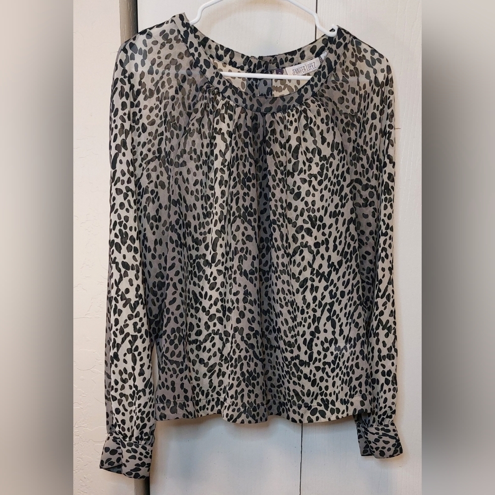 Jennifer Lopez Sheer Cheetah Print Blouse Open Back Size XL Flowy Romantic Sexy - Picture 1 of 10